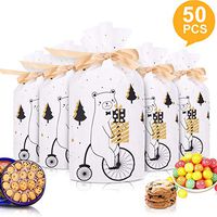 50pcs Christmas Candy Cookies Drawstring Gift Bags 7”×4”, Plastic Treat Bags with Bow-Tie for Birthday Party Wedding Favor,Q