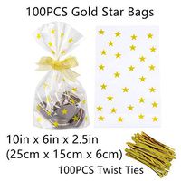 Gold Star Clear Cello Candy Favor Bags,Cellophane Cookie Treat Plastic Bags,with Gold Twist Ties, Pack of 100