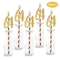 64th Birthday Paper Straw Decor, 24-Pack Real Gold Glitter Cut-Out Numbers Happy 64 Years Party Decorative Straws
