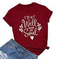 Meikosks Ladies Letter Printed Short Sleeves Tops Casual O-Neck Blouse Loose Basic T Shirt Wine