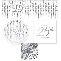 Olive Occasions Silver 25th Anniversary Disposable Paper Party Supplies 16 Cake Plates, 16 Beverage Napkins, Banner, Confetti