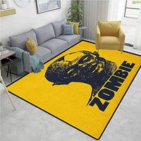 YucouHome Zombie Floral Door Matts Indoors, Hand Drawn Stylized Dead Man Portrait in Grunge Retro Sketch Graphic Image, Fashionable High Class Living Bedroom Rugs(2'x 6') Indigo Earth Yellow