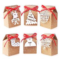 VEYLIN 24Pcs Polka Dot Christmas Brown Kraft Gift Boxes, Cookie Paper Bags for Christmas Party Supplies with 24 Yard Red Silk Ribbon