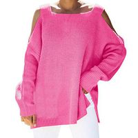 Alangbudu Women Cold Shoulder Knitted Baggy Crochet Pullover Long Sleeve Tops Blouse Office Tunic Sweater Sweatshirt Hot Pink