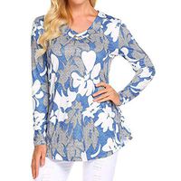 HNTDG Women Casual V-Neck Floral Print Button Plus Size Long Sleeve Swing Tunic Tops Shirts Sky Blue