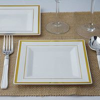 BalsaCircle 30 pcs 7-Inch White with Gold Trim Plastic Square Plates - Disposable Wedding Party Catering Tableware