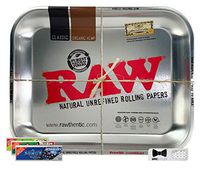 RAW Large Rolling Tray “Metallic”, Juicy Jay's 1 1/4 Superfine Rolling Papers (Blueberry Hill, Watermelon, White Grape), with Hippie Butler Grinder Card - 5 Item Bundle