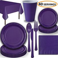 Disposable Party Supplies, Serves 40 - Purple - Large and Small Paper Plates, 12 oz Plastic Cups, Heavyweight Cutlery, Napkins, and Tablecloths. Full Tableware Set