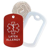 Latex Allergy Medical Alert ID Necklace with Red Tag, White Silencer, and 30'' USA Chain - 154 Color Choices