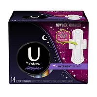 U by Kotex AllNighter Ultra Thin Overnight Pads with Wings, Fragrance-Free, 14 Count