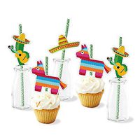 Paper Straw Decor/Cactus Sombrero Donkey Pattern Decorative Straws for Mexican Fiesta Party/Theme Party Striped Straws - Set of 36