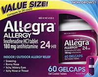 Allegra Adult 24 Hour Allergy 180 Mg. Fast Noticeable Relief Gelcaps 60 Count