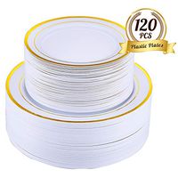 FOCUS LINE 120 Piece Gold Plastic Plates, 60 Dinner Plates 10.25 Inch, 60 Salad Plates 7.5 Inch | Disposable Heavy Duty Plastic Plates for Parties Wedding