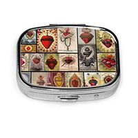 Sacred Heart Collage Jesus Christ Heart Cross Cover Art Religious Pill Box Case Medicine Holder Pocket for Travel Portable Decorative Organizer