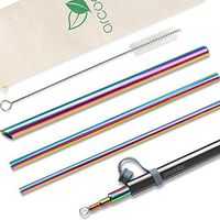 Arcoolor 8.5 inch Reusable Stainless Steel Straws, Include Angled-Tip Boba Drinking Straws for Bubble Tea & Smoothie, with Travel Case, Cleaning Brush, Linen Pouch (Rainbow Straw with Grey Case)