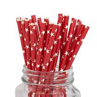 Patriotic Red Paper Straws with White Star - Box of 100-7.75 inches, Biodegradable Swizzle Sticks for Birthday Parties, Celebrations