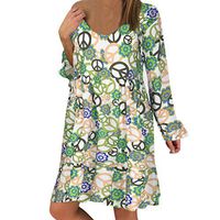 WENOVL Holiday Dresses for Women,Women's Ladies Plus Size Loose Print Long Sleeve O-Neck Mini Long Dress Green