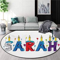 RUGSMAT Sarah Non Slip Round Rugs,Celebratory Festive Birthday Girl Name Lettering with Colorful Letters and Balloons Oriental Floor and Carpets,Round-47 Inch Multicolor