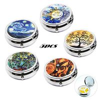 5Pcs Portable Round Metal Pill Box Case- Art Abstract Painting Lid, AUHOKY Mini Medicine Tablet Organizer Container Holder for Pocket Purse handbag Travel Gift - Compact 3 Compartments (45mm, 5Styles)