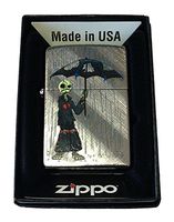Zippo Custom Lighter - Gray Days Emo Punk Skull Guy w/Rain & Umbrella Diagonal Weave