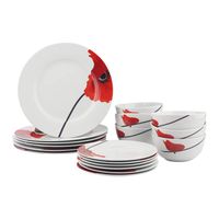 AmazonBasics 18-Piece Kitchen Dinnerware Set, Plates, Dishes, Bowls, Service for 6, Poppy