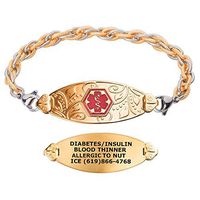 Divoti Custom Engraved Medical Alert Bracelets for Women, Stainless Steel Medical Bracelet, Medical ID Bracelet w/Free Engraving – PVD Gold Lovely Filigree Tag w/Inter-Mesh Gold/Silver-TP Red-7.5"