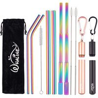 Whaline Colorful Metal Straws Set,2 Telescopic Straws+2 Boba Straws+2 Bendable Straws,Stainless Steel Straws with Metal Case,Cleaning Brush,Carabiner,Portable Straws for Outdoor Home Office Travel