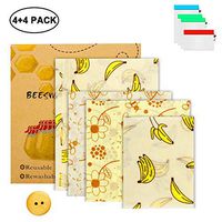 OneBom Reusable Beeswax Food Wrap,Beeswax Wrap, Bees Wax Paper Wrap Organic Assorted 4 Pack, S/M/L Eco-Friendly for Sandwich Picnic Food Storage Wrap (4 Patterns Wrap + 4 Mesh Bags)…