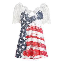 USA Printed Tshirts for Women - vermers Casual Loose Lace American Flag Mini Dress Tunic - Hollow Out Tee White