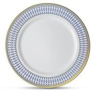 [20 Count - 10" Plates] Laura Stein Designer Tableware Premium Heavyweight Plastic White Dinner Plate With Blue & Gold Border Plastic Party & Wedding Plate Midnight Blue Series Disposable Dishes