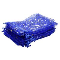 SUNGULF 100Pcs 4x6 Inches Sheer Organza Drawstring Pouches Stars and Moon Wedding Party Favor Jewelry Candy Gift Bags (Blue)