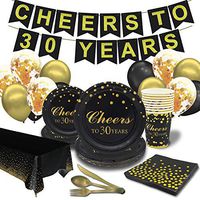 Pandecor 30th Birthday Party Supplies -Serves 10 Guests- 97 PCS Gold and Black Cheers to 30 Years Disposable Tableware Plates Set for 30 Years Anniversary Party