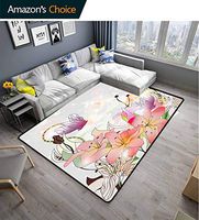 Floral Striped Area Rug Under Table, Lily Blossoms in Soft Pastel Tones Enchanted Bridal Inspired Romance Kitsch Print, Fashionable High Class Living Bedroom Rugs(5'x 8')