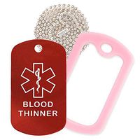 Blood Thinner Medical Alert ID Necklace with Red Tag, Pink Silencer, and 30'' USA Chain - 154 Color Choices