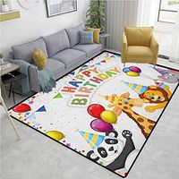 Kids Birthday Gingham Bath Mat 3D Digital Printing Mat, Cartoon Style Safari Jungle Animals at a Party with Flags and Balloons Image, Easy Maintenance Area Rug Living Room Bedroom Carpet(4'x 6')