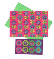 Floral Themed Set of 8 Blank Notecards ~ Interlocking Flowers with Stems (3.75" x 5.25"; Green Envelopes with 8 Flower Head Seals)