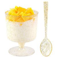 WDF 96PACK 7oz Gold Glitter Medium Large Plastic Dessert Cups With Spoons-48 Disposable Appetizer Cups |Wine Goblet Glasses & 48 Gold Glitter Tasting Spoons