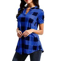 Meikosks Women's Plaid Printed T-Shirt Short Sleeve V-Neck Tops Irregular Hem Plus Size Blouses Blue