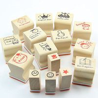 Set of 15 Teacher stamp Wooden Rubber Cartoon Stamp school homework reward Education Praise