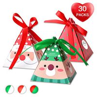 Christmas Candy 3D Treat Boxes Boxes 30 Pack of 3 Patterns（Santa/Reindeer/Christmas Tree）with Tags and Ribbon for Holiday Xmas Goody Gift, Goodie Paper Boxes