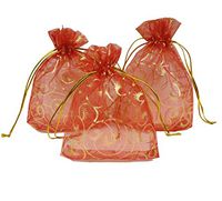 Ankirol 100pcs Eyelash Organza Wedding Favor Bags Luxury Jewelry Candy Gift Card Bags with Gold Line Drawstring Pouches (red, 4x6)