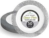 Disposable Plastic Party Plates - 50 Pack 10.25” Dessert Plate - Elegant Round White Plate with Silver Lace Design - Ecofriendly Kitchen Dinnerware - by Elite Selection