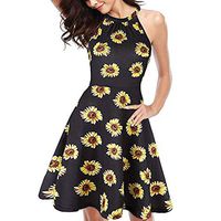 Women's Mini Dresses-Summer Causal Floral Print O Neck Dress Loose Swing Short Mini T-Shirt Dress S-XXL (Yellow, M)