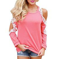 Women Cold Shoulder Lace Trim Long Sleeve Tops Round Neck Plaind Shirts Casual Loose Blouse Tops Pullover Tee(Pink, M)