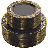 NERVURE Plastic Plates – Black Clear with Gold Rim Design Disposable Wedding Party Plastic Plates Include 51 Plastic Dinner Plates 10.25 inch,51 Salad/Dessert Plates 7.5 inch