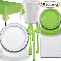 Disposable Party Supplies, Serves 40 - White and Lime Green - Large and Small Paper Plates, 12 oz Plastic Cups, Heavyweight Cutlery, Napkins, and Tablecloths. Full Two-Tone Tableware Set