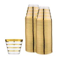 Perfect Settings 110 Fancy Disposable Clear Plastic Cups Elegant Party Cups Four Line Gold Rim 9 Ounce Fancy Wedding Cups