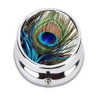 Chun Qige Peacock Feathers Unique Customization Stainless Steel Round Pill Case Box Holder，Durable Fashion Storage Box, Wallet