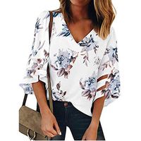 Meikosks Women's Floral Printed Tops 3/4 Bell Sleeve V Neck T Shirt Mesh Panel Blouse Loose Tee White