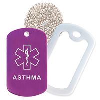 Asthma Medical Alert ID Necklace with Purple Tag, White Silencer, and 30'' USA Chain - 154 Color Choices